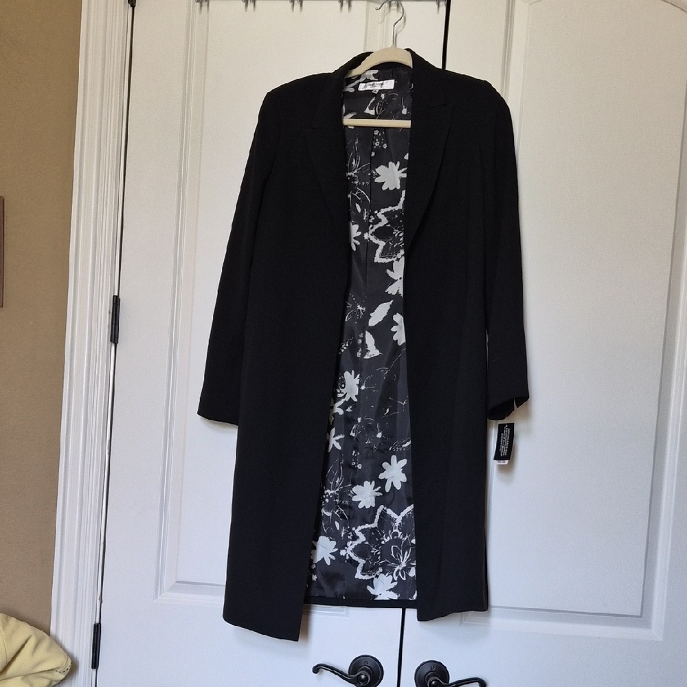 Black Women's Long Open-Front Coat with Floral Lining
